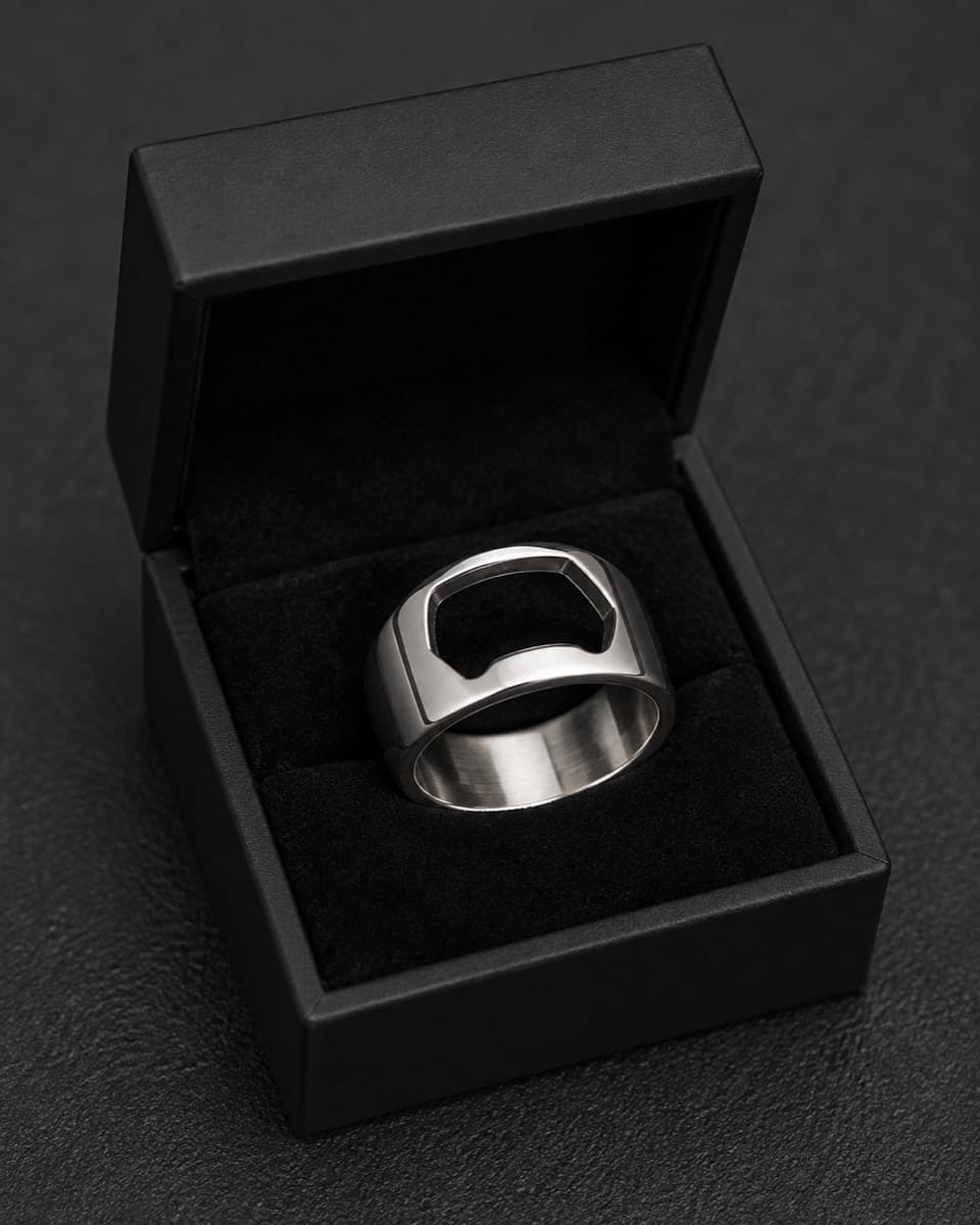 The Bottle Opener Ring in a premium matte black gift box